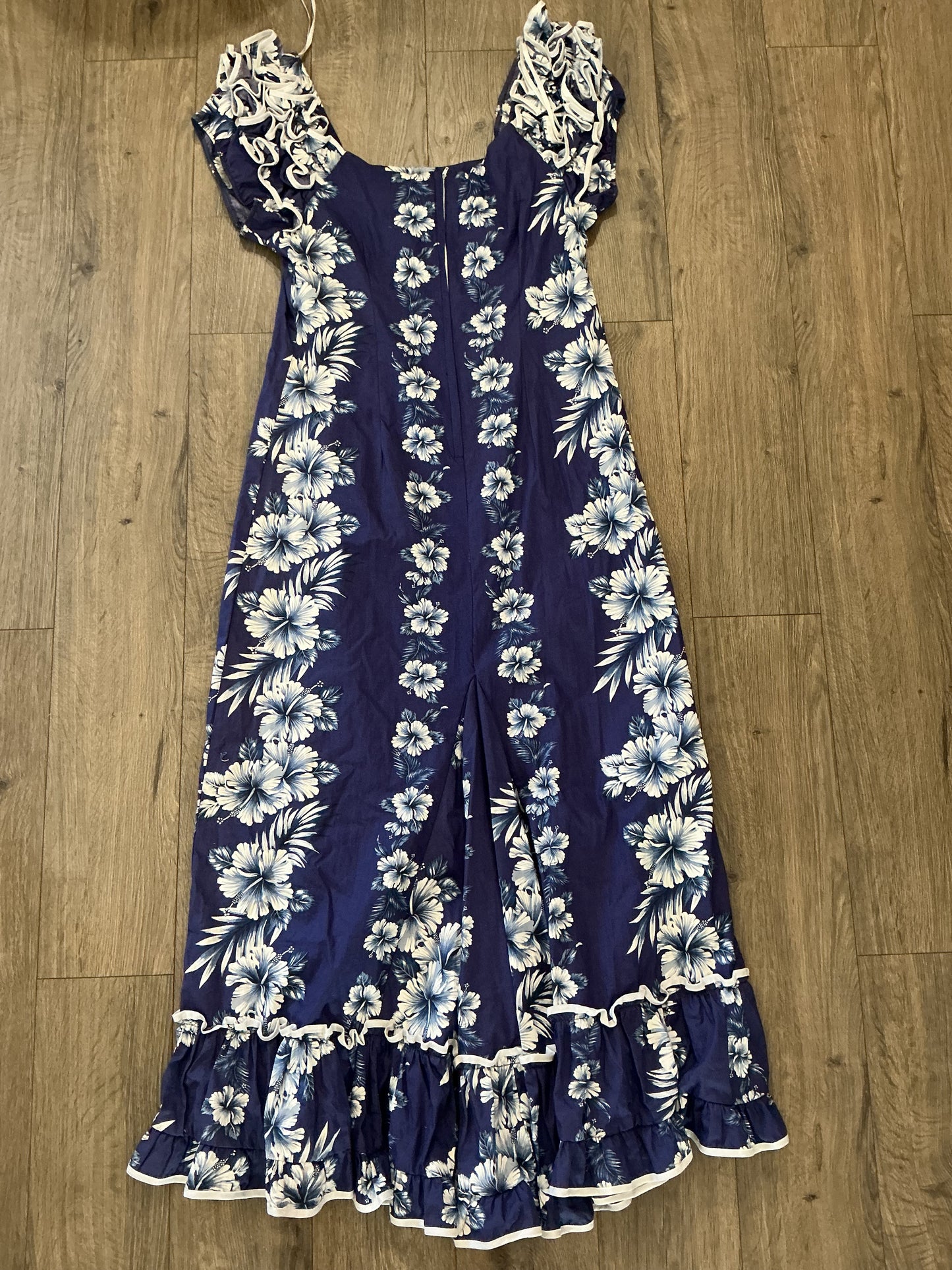 NWOT MAHALO Hawaii Vintage Long Ruffle Dress, Navy Blue Large