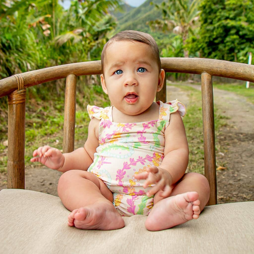 Lei Day in Sand Ruffle Bamboo Romper: 18-24M