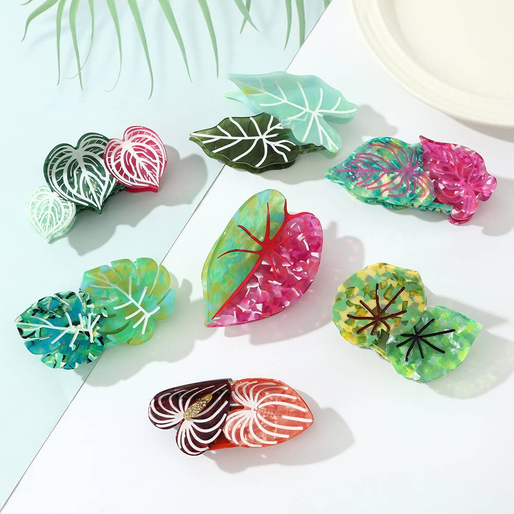 Vibrant Tropical Leaf-Shaped Botanical Hair Claw Clips: RoseGreen