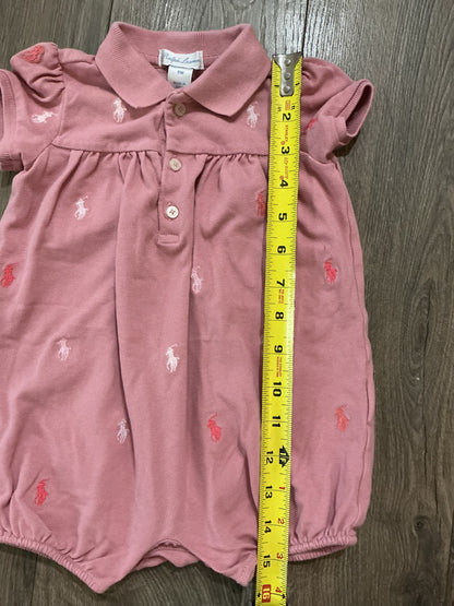 Ralph Lauren Dusty Pink Polo Romper Baby Girls Stretch Mesh Shortalls size 9M vintage￼