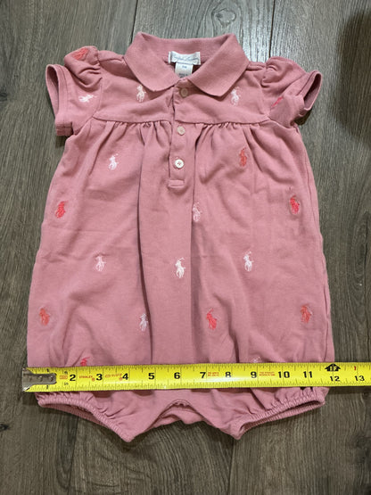 Ralph Lauren Dusty Pink Polo Romper Baby Girls Stretch Mesh Shortalls size 9M vintage￼