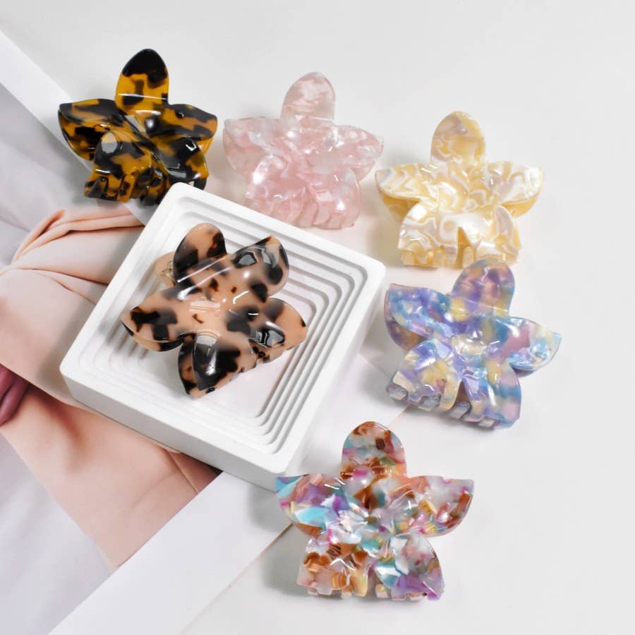 Tortoise & Marbled Plumeria Flower Acetate Hair Claw Clip: BlackBrown