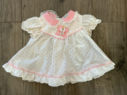 A Tury Tots Original Vintage Infant Girls Dress Ruffle Lace Butterfly Pink Floral Vintage