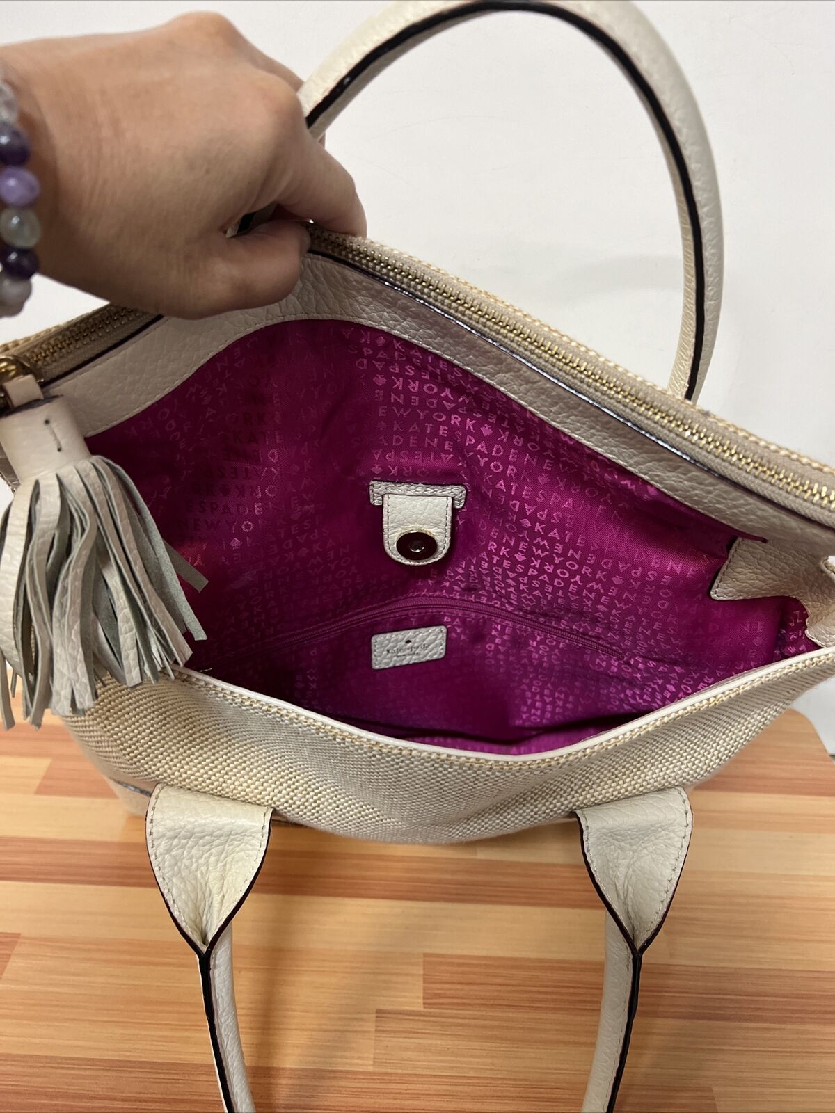 Kate Spade Leather Canvas Cream Tan Tassel Fold Over Womens Bag