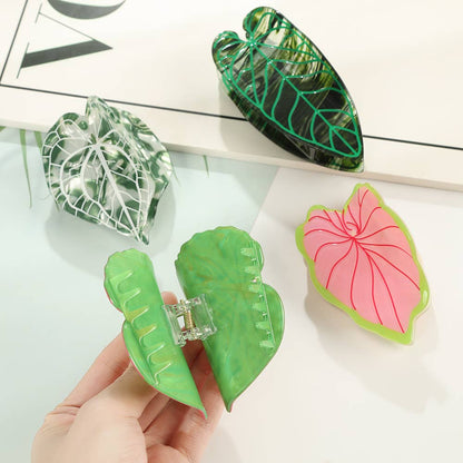 Tropical Leaf-Shape Botanical Acetate Hair Claw Clip: RedGreen