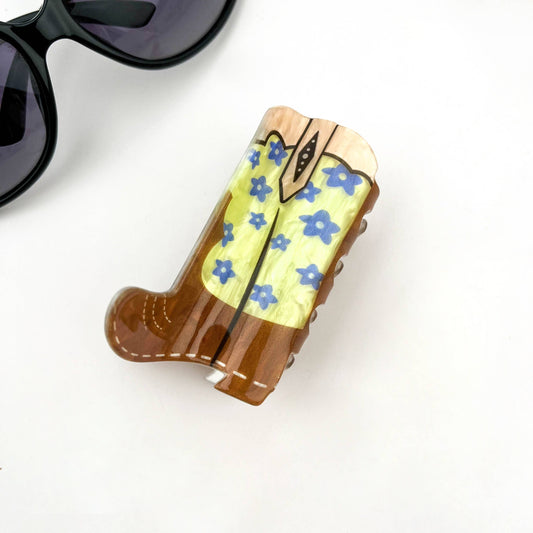 Cowboy Boot Claw Clip: Blue Flowers