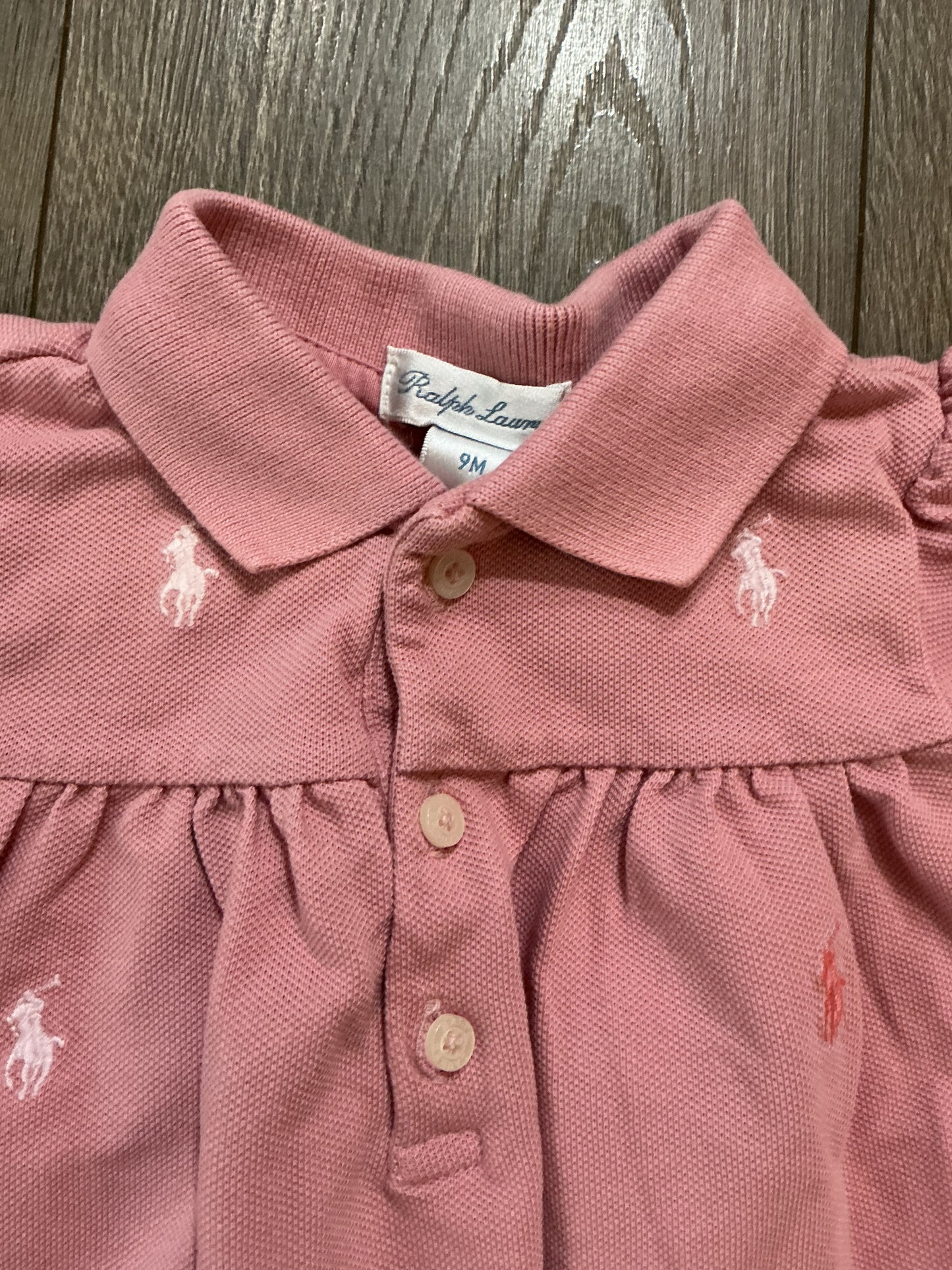 Ralph Lauren Dusty Pink Polo Romper Baby Girls Stretch Mesh Shortalls size 9M vintage￼