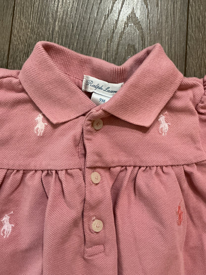 Ralph Lauren Dusty Pink Polo Romper Baby Girls Stretch Mesh Shortalls size 9M vintage￼
