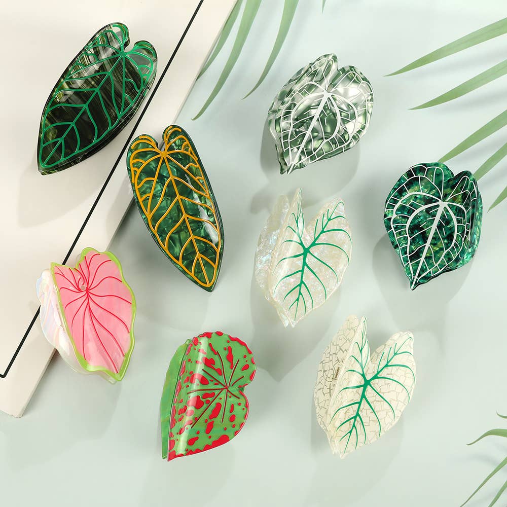 Tropical Leaf-Shape Botanical Acetate Hair Claw Clip: RedGreen