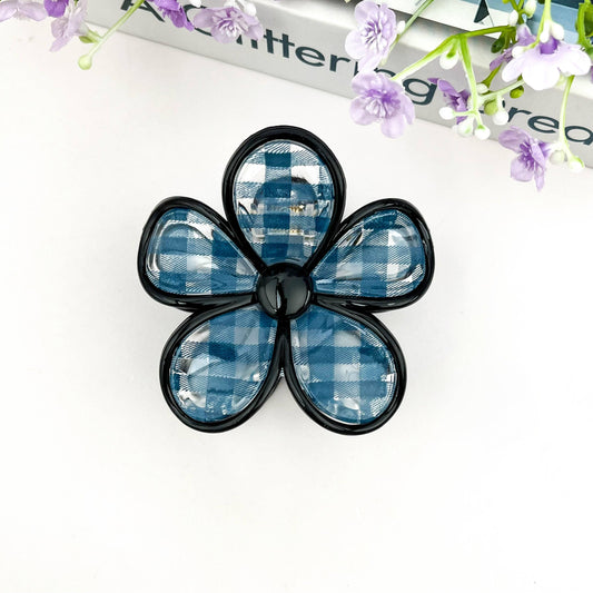 Plaid Flower Hair Claw Clip: Blue