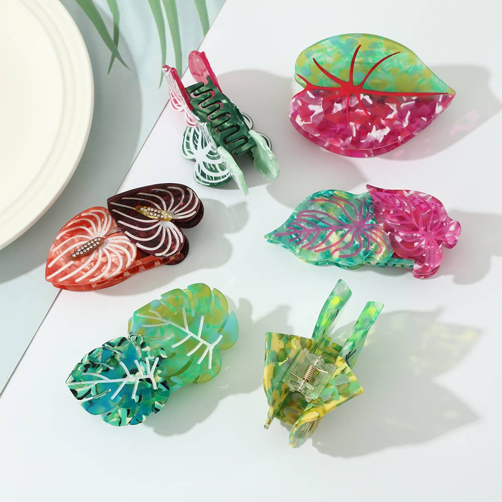 Vibrant Tropical Leaf-Shaped Botanical Hair Claw Clips: RoseGreen