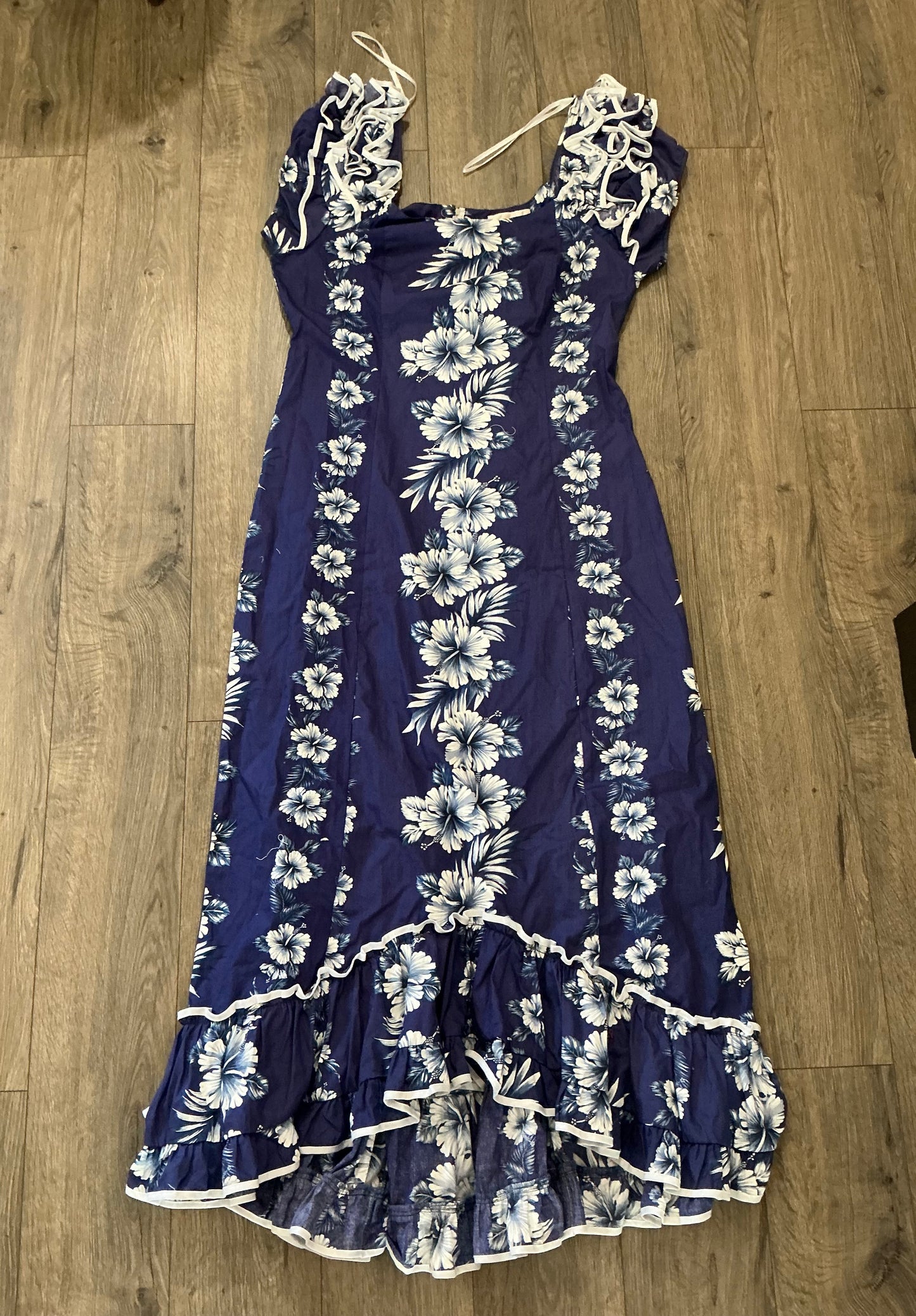 NWOT MAHALO Hawaii Vintage Long Ruffle Dress, Navy Blue Large