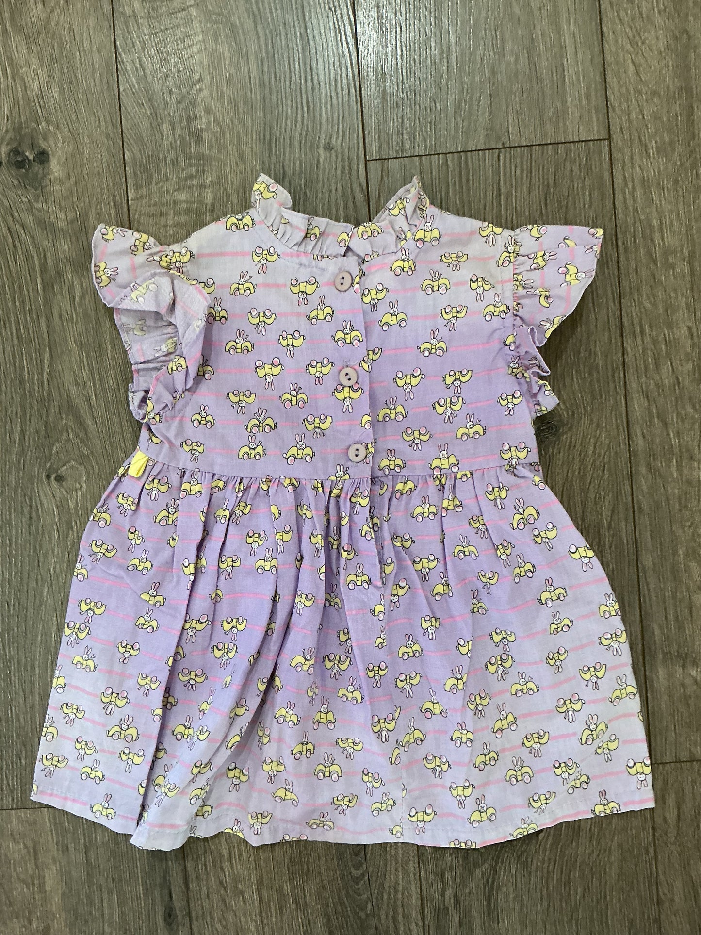 Funny-Bunny, girls dress, purple, pink, white yellow button up a line ruffle 2T vintage