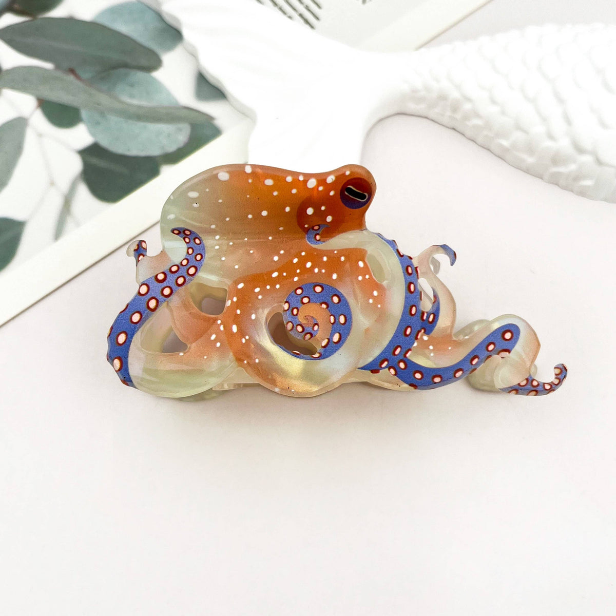 Blue Ring Octopus Hair Claw Clip, Ocean-Inspired Hair Clip: White / 1.2in