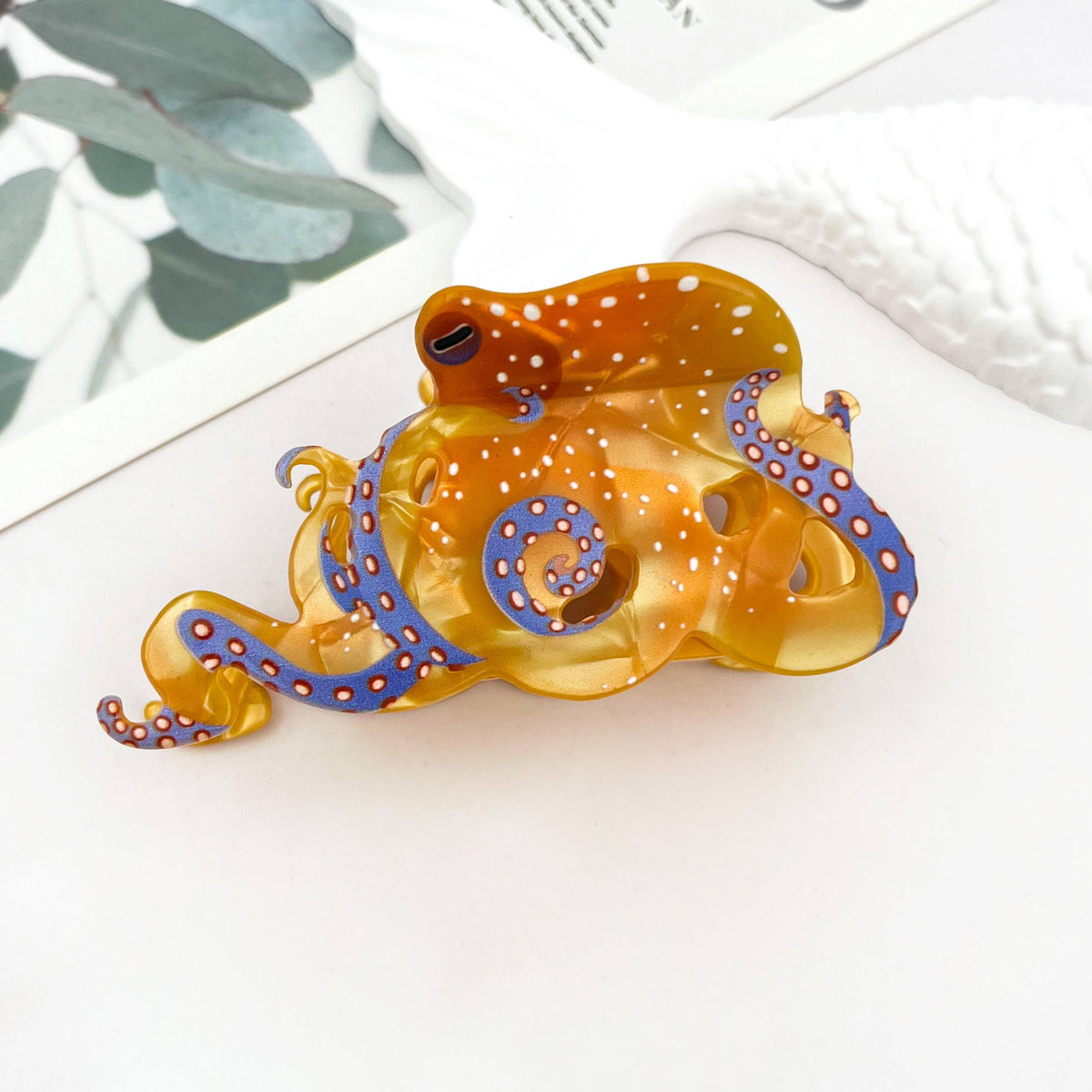 Blue Ring Octopus Hair Claw Clip, Ocean-Inspired Hair Clip: White / 1.2in