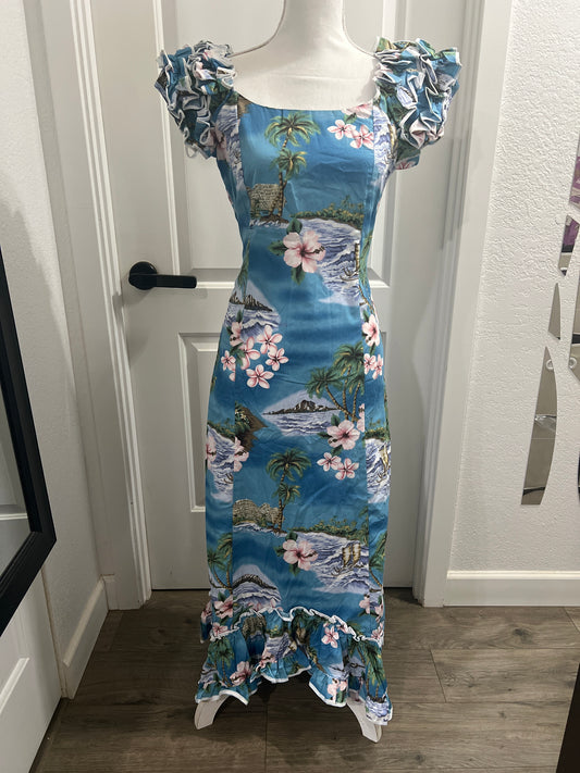 NWOT KY’s Hawaii Vintage Blue Ruffle Hawaiian Dress XS, L, XL