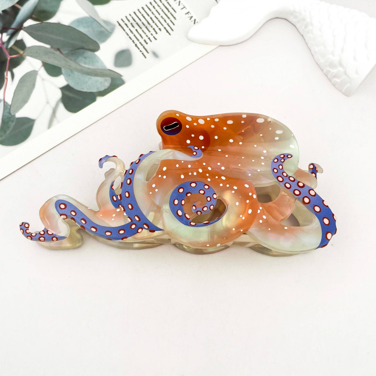Blue Ring Octopus Hair Claw Clip, Ocean-Inspired Hair Clip: White / 1.2in