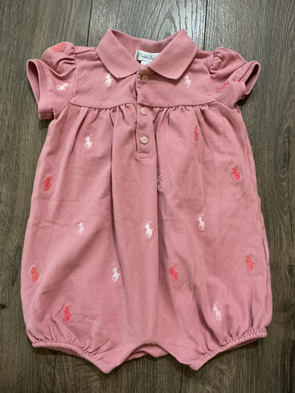 Ralph Lauren Dusty Pink Polo Romper Baby Girls Stretch Mesh Shortalls size 9M vintage￼