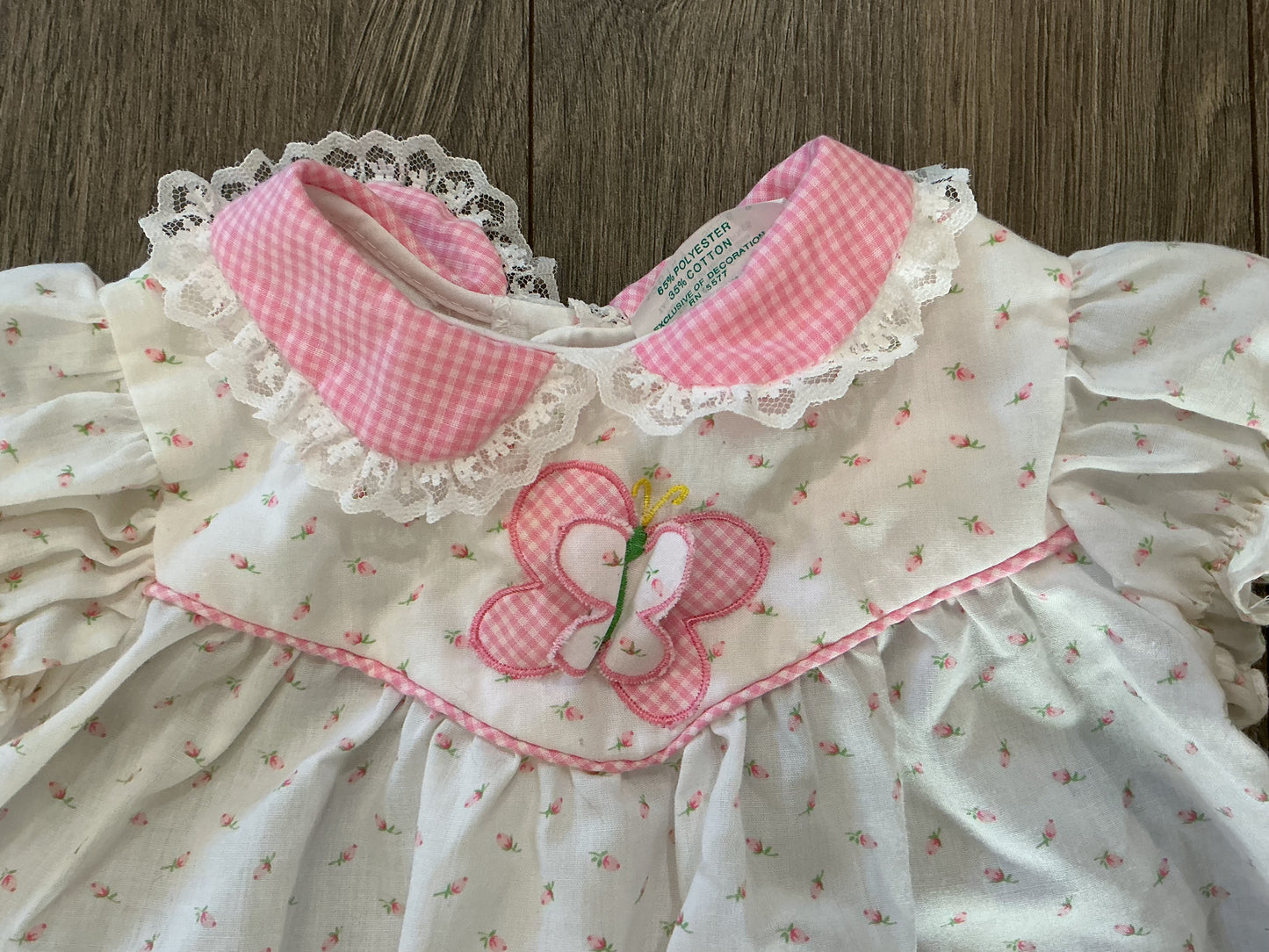 A Tury Tots Original Vintage Infant Girls Dress Ruffle Lace Butterfly Pink Floral Vintage