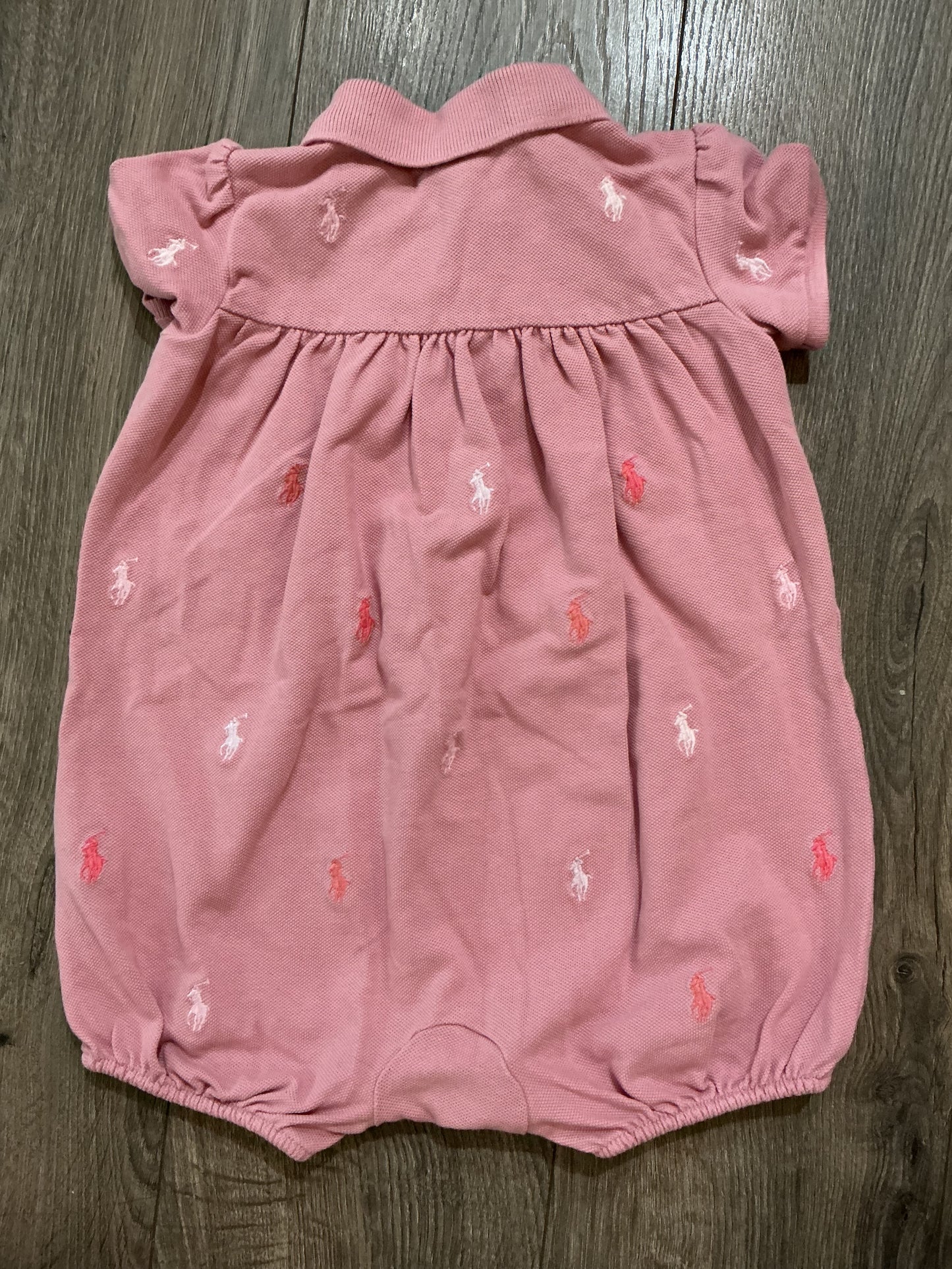 Ralph Lauren Dusty Pink Polo Romper Baby Girls Stretch Mesh Shortalls size 9M vintage￼