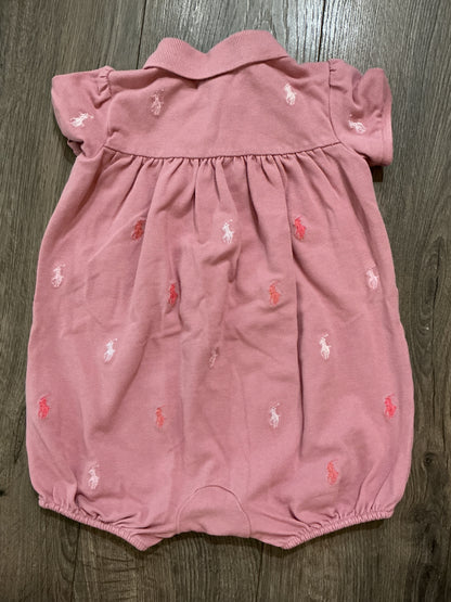 Ralph Lauren Dusty Pink Polo Romper Baby Girls Stretch Mesh Shortalls size 9M vintage￼