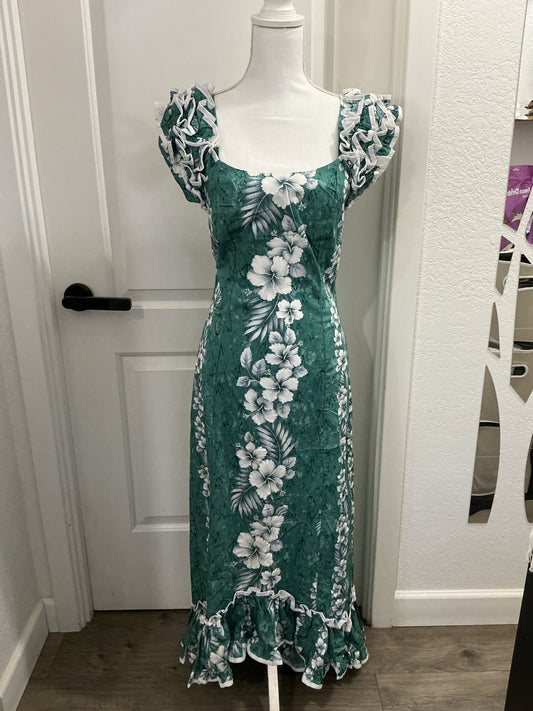 VTG Ky’s Hawaii Dress Women’s XS Green Floral Ruffles Flared Long