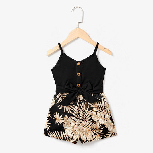 Leaf Print Belted Romper: Black 2 Years