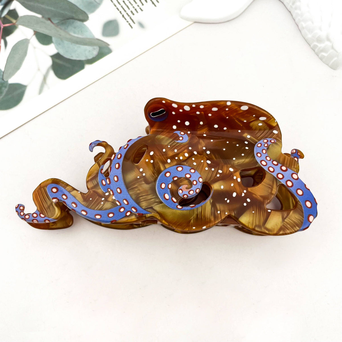 Blue Ring Octopus Hair Claw Clip, Ocean-Inspired Hair Clip: White / 1.2in