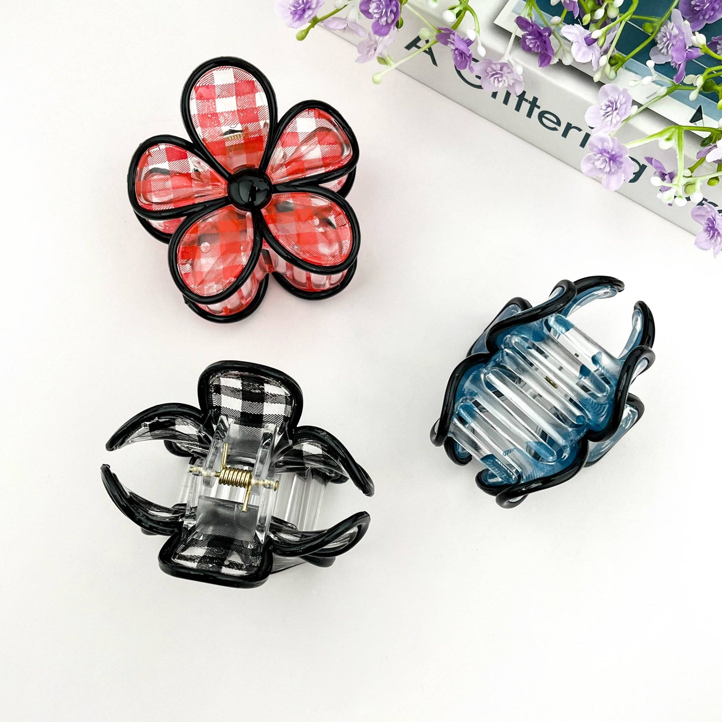 Plaid Flower Hair Claw Clip: Red